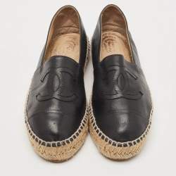 Chanel Black Leather CC Cap Toe Espadrille Flats Size 39