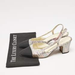 مملوكة مسبقًا Chanel White/Black Canvas and Tweed CC Slingback Block Heel Pumps Size 38.5