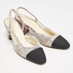 مملوكة مسبقًا Chanel White/Black Canvas and Tweed CC Slingback Block Heel Pumps Size 38.5