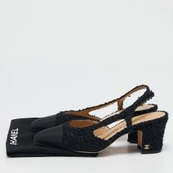 مملوكة مسبقًا حذاء كعب عالي شانيل سي سي قماش وتويد ذهبي/أسود فتحة كعب مقاس 37.5