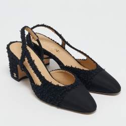 مملوكة مسبقًا حذاء كعب عالي شانيل سي سي قماش وتويد ذهبي/أسود فتحة كعب مقاس 37.5