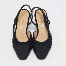 مملوكة مسبقًا حذاء كعب عالي شانيل سي سي قماش وتويد ذهبي/أسود فتحة كعب مقاس 37.5