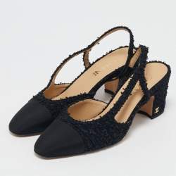 مملوكة مسبقًا حذاء كعب عالي شانيل سي سي قماش وتويد ذهبي/أسود فتحة كعب مقاس 37.5