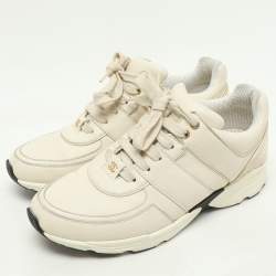 Chanel Cream Leather and Satin CC Trainer Lace Up Sneakers Size 39