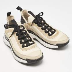 Pre Owned Chanel Beige/Black Suede And Nylon CC Low Top Sneakers Size 38