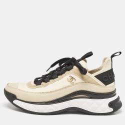 Pre Owned Chanel Beige/Black Suede And Nylon CC Low Top Sneakers Size 38
