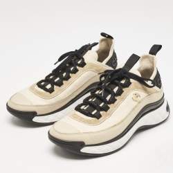 Pre Owned Chanel Beige/Black Suede And Nylon CC Low Top Sneakers Size 38