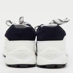 Pre Owned Chanel Navy Blue/White Suede and Fabric CC Logo Low Top Sneakers Size 39