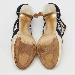 Chanel Navy Blue/Gold Canvas and Leather CC Ankle Strap Sandals Size 40