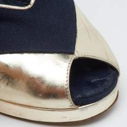 Chanel Navy Blue/Gold Canvas and Leather CC Ankle Strap Sandals Size 40