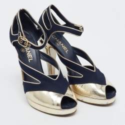 Chanel Navy Blue/Gold Canvas and Leather CC Ankle Strap Sandals Size 40