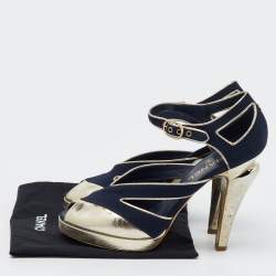 Chanel Navy Blue/Gold Canvas and Leather CC Ankle Strap Sandals Size 40