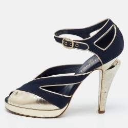 Chanel Navy Blue/Gold Canvas and Leather CC Ankle Strap Sandals Size 40