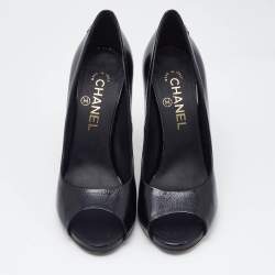 Pre Owned Chanel Black Patent Leather CC Peep Toe Pumps Size 38.5