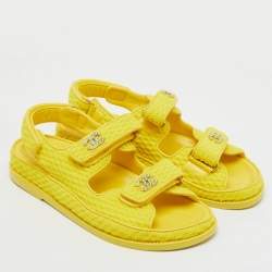 Pre Owned Chanel Yellow Fabric Pearl Embellished CC Dad Flat Sandals Size 39