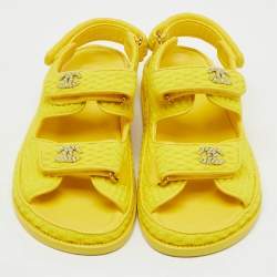 Pre Owned Chanel Yellow Fabric Pearl Embellished CC Dad Flat Sandals Size 39