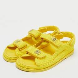 Pre Owned Chanel Yellow Fabric Pearl Embellished CC Dad Flat Sandals Size 39