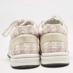 Chanel Cream/Pink Tweed and Leather CC Low Top Sneakers Size 36.5