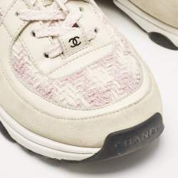 Chanel Cream/Pink Tweed and Leather CC Low Top Sneakers Size 36.5