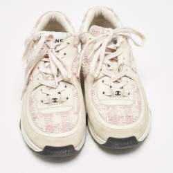 Chanel Cream/Pink Tweed and Leather CC Low Top Sneakers Size 36.5