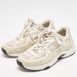 Chanel Cream/Pink Tweed and Leather CC Low Top Sneakers Size 36.5