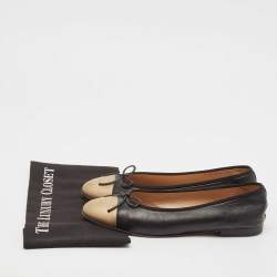Pre Owned Chanel Black/Gold Leather CC Bow Cap Toe Ballet Flats Size 40.5