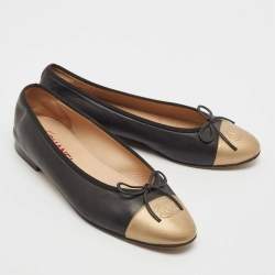 Pre Owned Chanel Black/Gold Leather CC Bow Cap Toe Ballet Flats Size 40.5