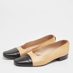 Pre Owned Chanel Beige/Black Leather CC Bow Cap Toe Ballet Flats Size 37