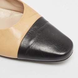 Pre Owned Chanel Beige/Black Leather CC Bow Cap Toe Ballet Flats Size 37