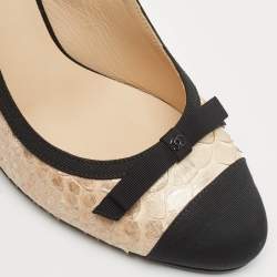 Pre Owned Chanel Black/Beige Canvas and Python Leather Bow Slingback Pumps Size 39