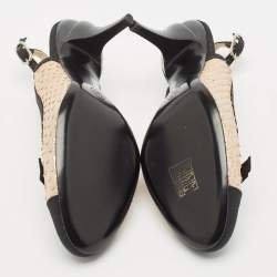 Pre Owned Chanel Black/Beige Canvas and Python Leather Bow Slingback Pumps Size 39