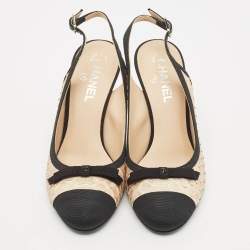 Pre Owned Chanel Black/Beige Canvas and Python Leather Bow Slingback Pumps Size 39
