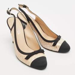 Pre Owned Chanel Black/Beige Canvas and Python Leather Bow Slingback Pumps Size 39