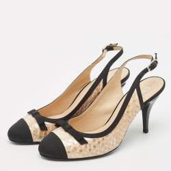 Pre Owned Chanel Black/Beige Canvas and Python Leather Bow Slingback Pumps Size 39