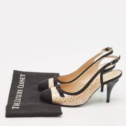 Pre Owned Chanel Black/Beige Canvas and Python Leather Bow Slingback Pumps Size 39