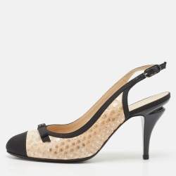 Pre Owned Chanel Black/Beige Canvas and Python Leather Bow Slingback Pumps Size 39