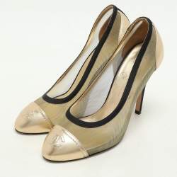 Chanel Gold/Black Leather And Mesh CC Cap Toe Pumps Size 36