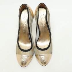 Chanel Gold/Black Leather And Mesh CC Cap Toe Pumps Size 36