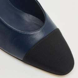 Pre Owned Chanel Navy Blue/Black Canvas and Leather Cap Toe CC Slingback Pumps Size 37.5