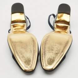 Pre Owned Chanel Navy Blue/Black Canvas and Leather Cap Toe CC Slingback Pumps Size 37.5