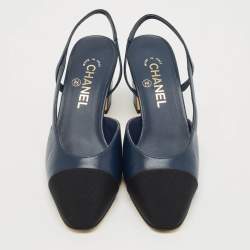 Pre Owned Chanel Navy Blue/Black Canvas and Leather Cap Toe CC Slingback Pumps Size 37.5