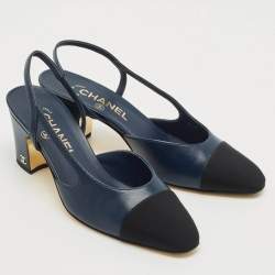 Pre Owned Chanel Navy Blue/Black Canvas and Leather Cap Toe CC Slingback Pumps Size 37.5