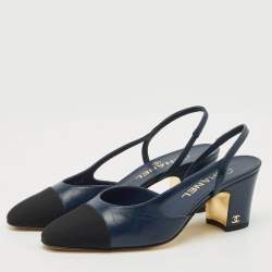 Pre Owned Chanel Navy Blue/Black Canvas and Leather Cap Toe CC Slingback Pumps Size 37.5