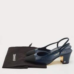 Pre Owned Chanel Navy Blue/Black Canvas and Leather Cap Toe CC Slingback Pumps Size 37.5