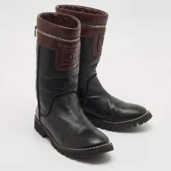 Chanel Black/Burgundy Quilted Leather Motorcycle Boots Size 39.5