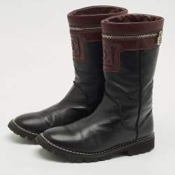 Chanel Black/Burgundy Quilted Leather Motorcycle Boots Size 39.5