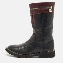 Chanel Black/Burgundy Quilted Leather Motorcycle Boots Size 39.5