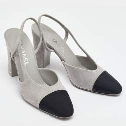 Pre Owned Chanel Grey/Black Suede and Fabric Block Heel Slingback Sandals Size 39