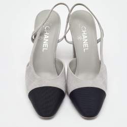 Pre Owned Chanel Grey/Black Suede and Fabric Block Heel Slingback Sandals Size 39