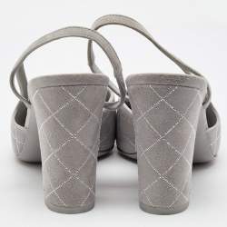 Pre Owned Chanel Grey/Black Suede and Fabric Block Heel Slingback Sandals Size 39